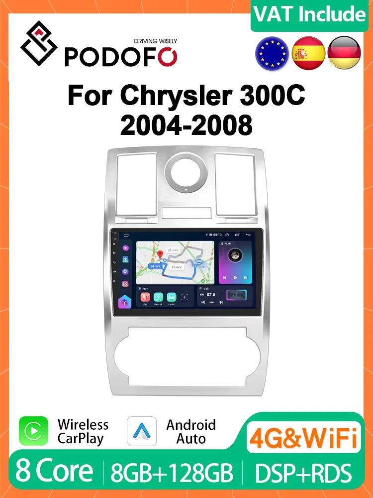 Podofo 4G CarPlay Android Radio 13" Car Radio For Jeep Chrysler 300C 2004-2008 Multimedia Player Head Unit Stereo 2din Autoradio