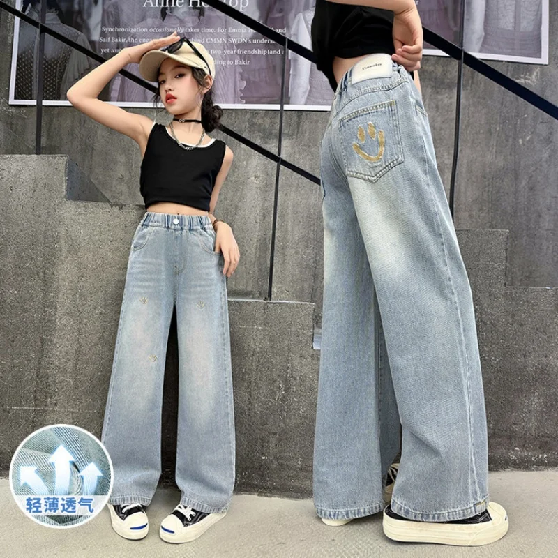 

Girls' Blue Denim Pants, Summer Denim Pants, Children's Long Pants, Teen Casual Pants, Suitable for Ages 7-14, For Daily Wear