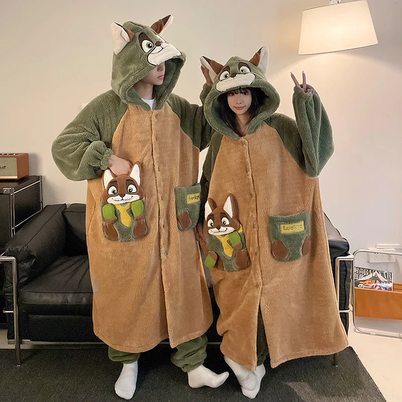 New Couple Nightgown Pajamas for Women Men Winter Thicken Long Plush Hooded Nightwear Cartoon Bear Man Night-robe Pijama