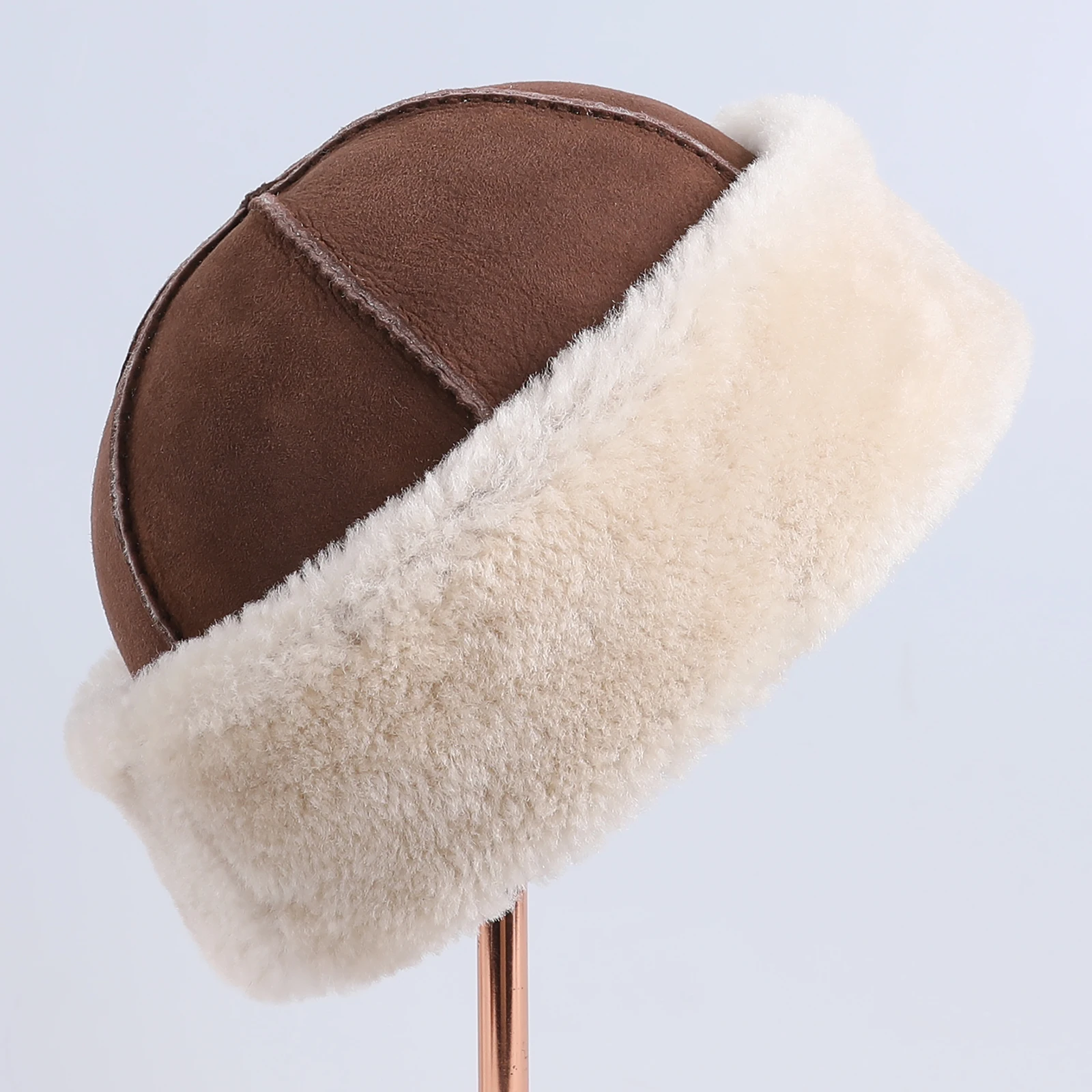 Unisex Genuine Sheepskin Leather Shearling Wool Beanie Hat, Winter Warm Thick Soft Fur Cap, Hand Stitched High Quality