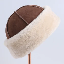 Unisex Genuine Sheepskin Leather Shearling Wool Beanie Hat, Winter Warm Thick Soft  Fur Cap, Hand Stitched High Quality