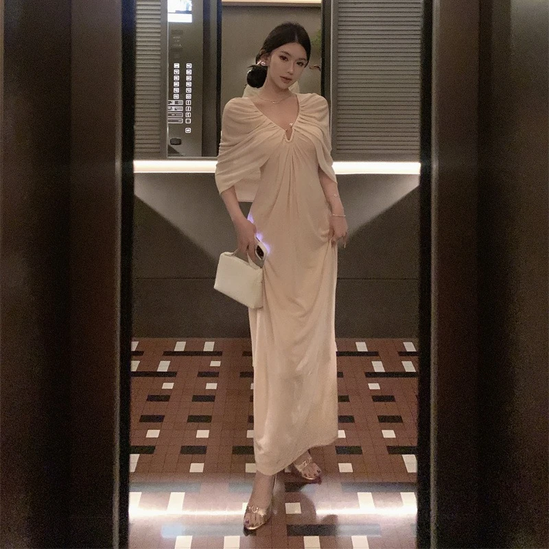 Autumn French Elegant Fashion Long Evening Gown Women's V-neck Shawl Cloak Sleeve Dating Dress High-street Casual Party Dress