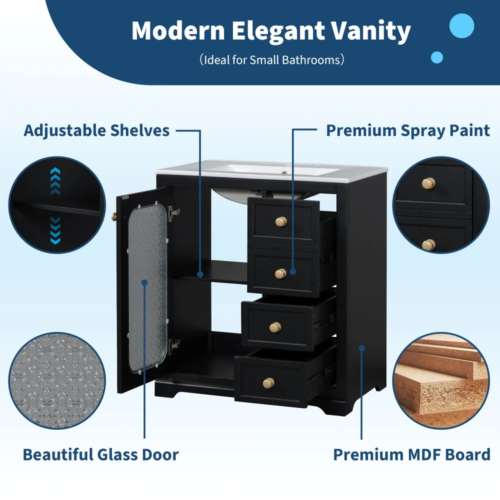 30-inch Bathroom Vanity with A Soft Close Glass Door, Adjustable Shelves, and Three Drawers Bedroom Furniture