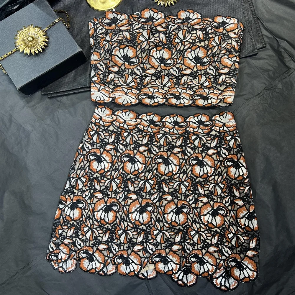 2025 Women's Top Vest, Mesh Embroidery Corset, Sexy, Strapless, Y2K Style, New Fashion, High Quality, Top + Skirt 2-Piece Set