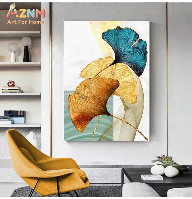 AZNM Luxury Golden Teal Ginkgo Leaves Canvas Wall Art Frameless Print, Abstract Marble Texture Poster, Modern Living Room Entryw