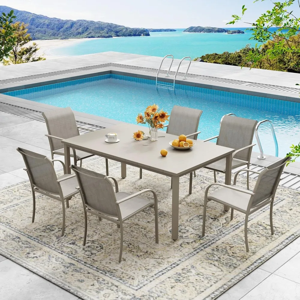 7-piece outdoor patio dining set, sand-shell rectangular metal dining table and 6 sand-shell stackable harness-top dining chairs