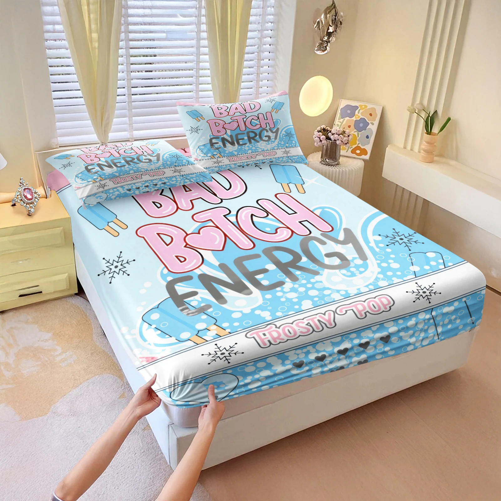 Cute Ice Pop Snowflake Fitted Sheet Set 3Pcs Blue Pink Heart Bubble Pattern Bedding Deep Pocket Bed Sheet with 2 Pillowcases