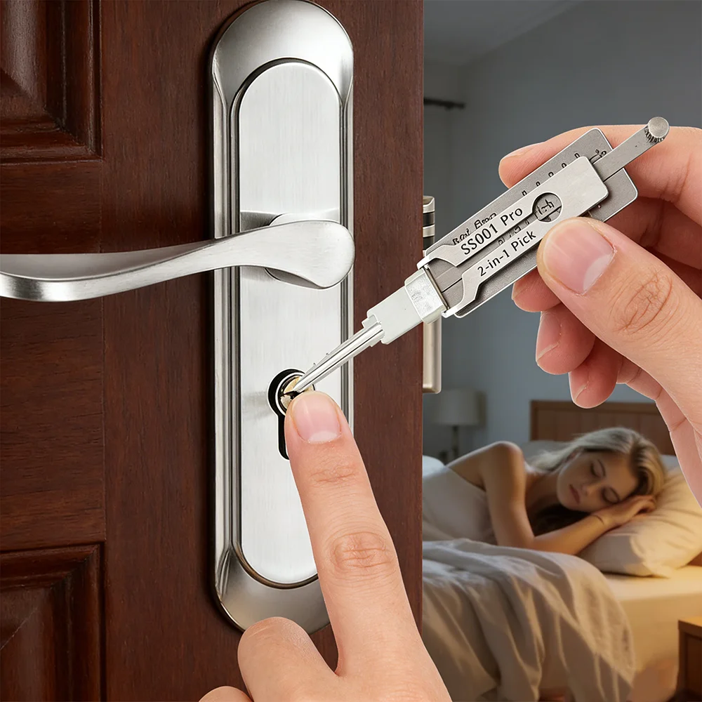 Image of Professioneller SS001Pro 2-in-1 Edelstahl-Schlüsseldecoder, tragbares Schlosserwerkzeug mit Präzisionshaken & O-Ring-Aufnahmewerkzeug-Reparaturset