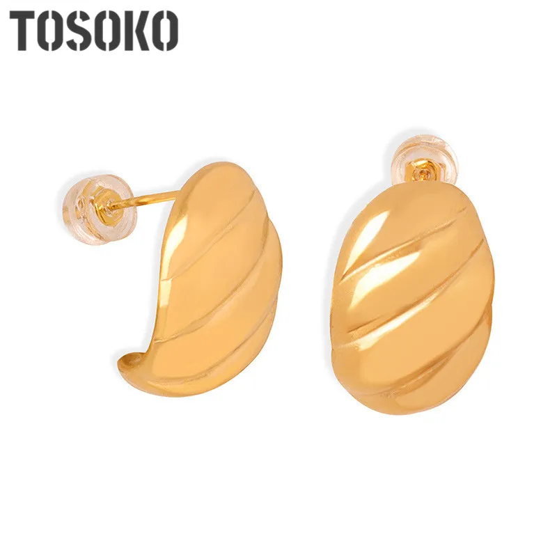 

TOSOKO Stainless Steel Jewelry Unique Geometric Twill Fried Dough Twists Simple And Versatile C-Shaped Earrings BSF1133