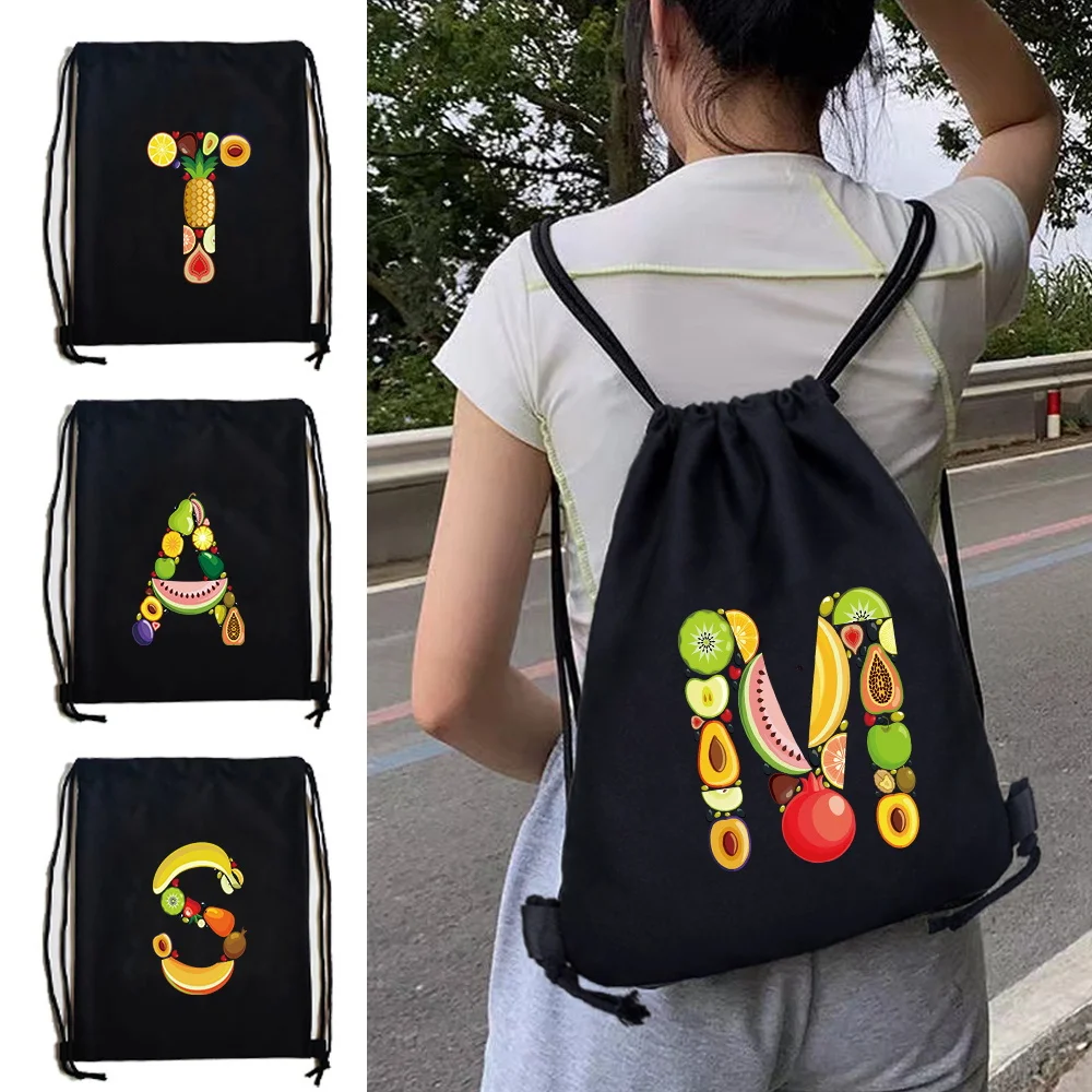 Simple Canvas Sackpack Fruit Letter Print Drawstring Sport Backpack Gym Shopping Storage Portable Bag