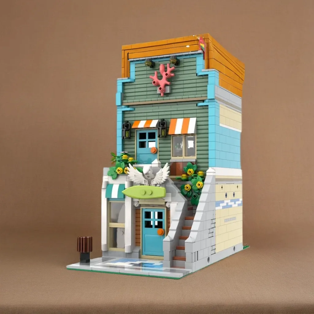 

1211pcs MOC Coastal Series Modular The Surf Shop & The Coral Bar Beach Architecture DIY Model Building Blocks Birthday Toys Gift