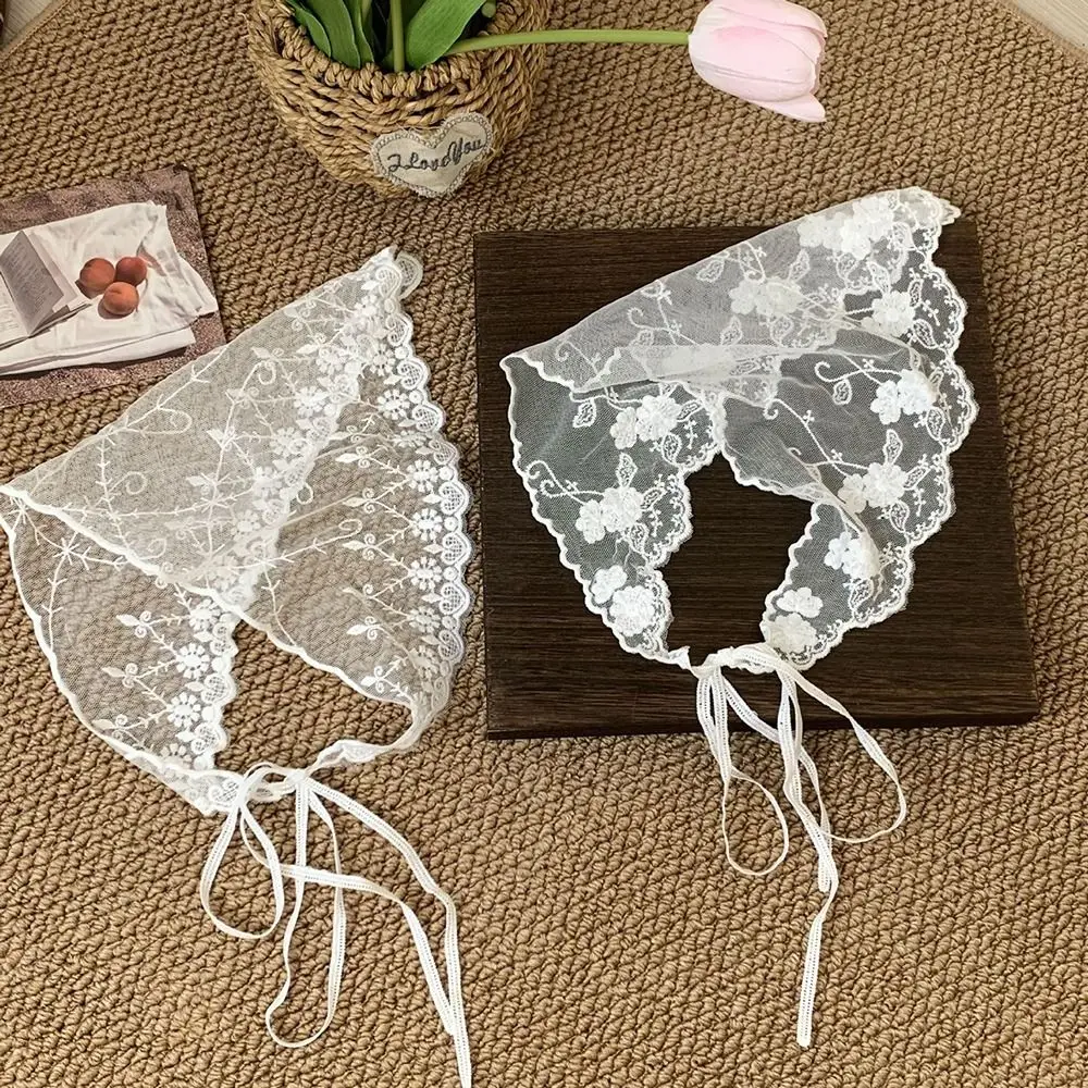Elegant White Woven Floral Lace Hair Scarf Wraps Sweet Breathable Lace Hair Accessories Retro Triangle Headscarf Travel