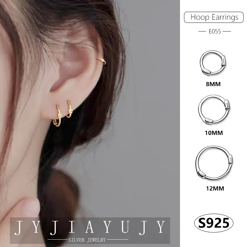 

JYJIAYUJY 100% Sterling Silver S925 Hoop Earrings 8/10/12mm Geometry Circle Shape Fashion Hypoallergenic Three Colors Gift E055