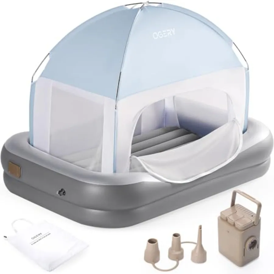 

Inflatable Toddler Travel Bed with Cordless Rechargeable Detachable Air Pump and 4-Side Safety Bumpers Portable Air Mattress in