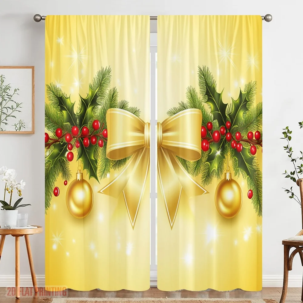 2 قطعة ، 2D الطائرة الطباعة لوحات الستار شعبية عيد الميلاد القوس هولي التوت الحلي (4) دائم 100% البوليستر النسيج (بدون