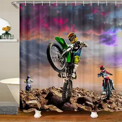 Dirt Bike Shower Curtain, Motocross Rider Bathtub Shower Curtain Motorbike Extreme Sport Game Bathroom Shower Curtain for Kids