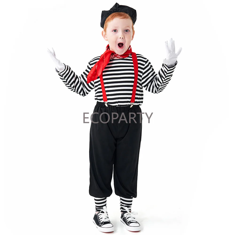 Unisex Child Kids Silent Actor Mime Artist Costume nero bianco francese Mimic Clown Halloween Fancy Dress for Girls Boy