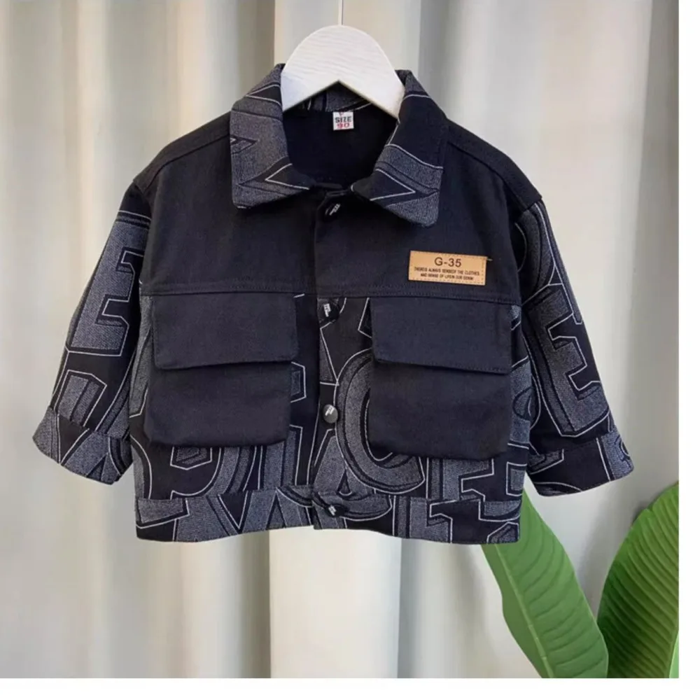 Boys\' Coat Spring And Autumn 2024 New Fashion Korean Style Denim Jacket Spliced Letter Print Handsome Children\'s Clothes