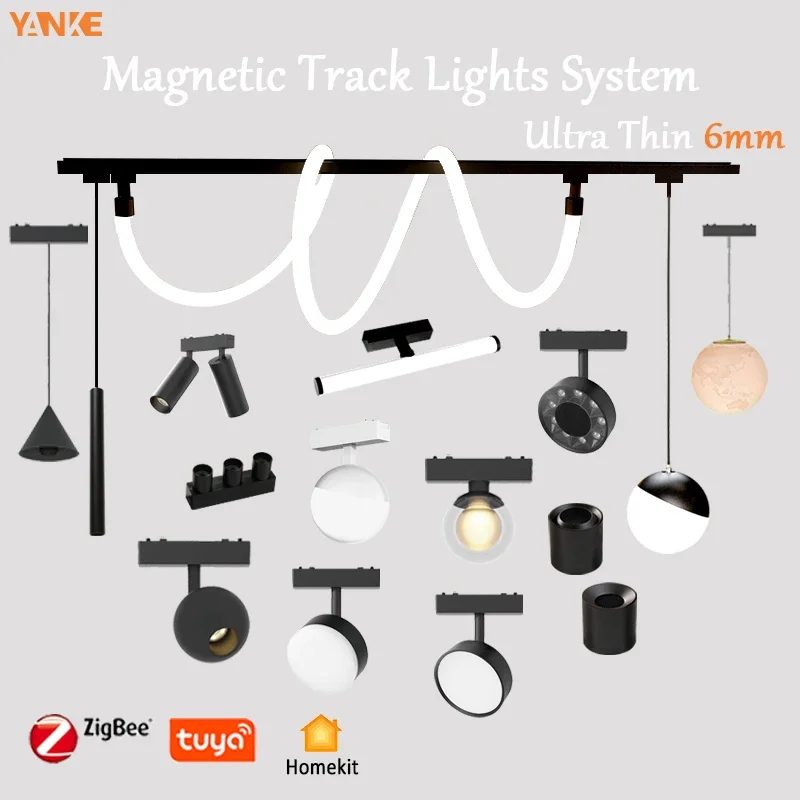 Smart Home Tuya Zigbee Remote Control 6mm Thin Surface Mount Magnetie Track Light Ceiling System Black White Lamp Lighting DC48V