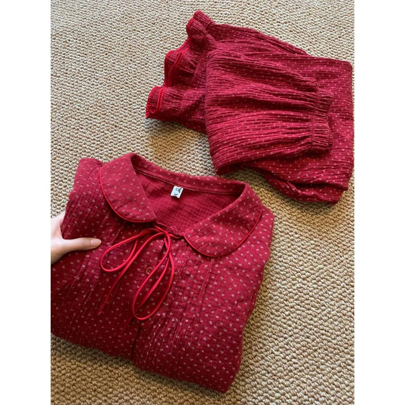 

French Retro Red Floral Pajamas Women's Spring and Autumn Festive Loungewear Two-piece Set Comfortable Breathable Skin-friendly