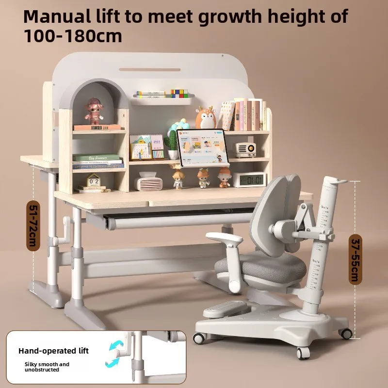 Wooden Ergonomic Children Reading Table with Bookshelf Home Furniture Height Adjustable Study Desk and Chairs  for Kids