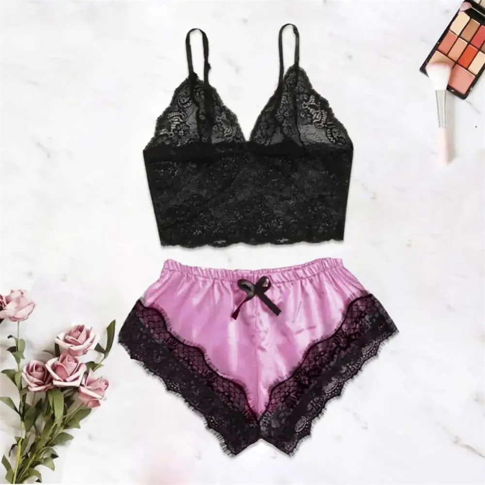 Set piyama wanita seksi renda Satin, baju tidur Lingerie elastis Suspender celana pendek, pakaian tidur tanpa lengan