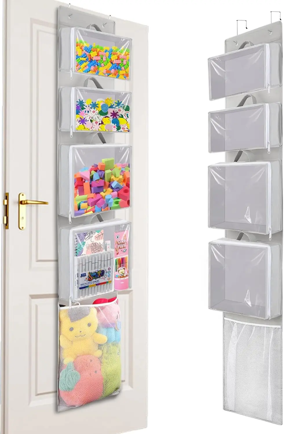 

Hanging Toy Storage over Door, Block Stuffed Animal Organizer Idea with 4 Removable Case Bag, Bi-Fold Closet Holder with