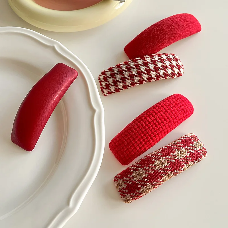 Christmas and New Year Red - Colored BB Clips for Women Houndstooth Velvet - Edged Clips Sponge - Thickened Hairpins Bang Clips