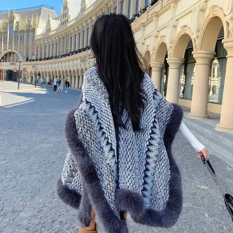 

Novelty Vintage Fluffy Hollow Knit Cape Full Faux Fox Fur Trims Coat Women Autumn Winter Fashion Colorful Cardigan Cloak Wraps