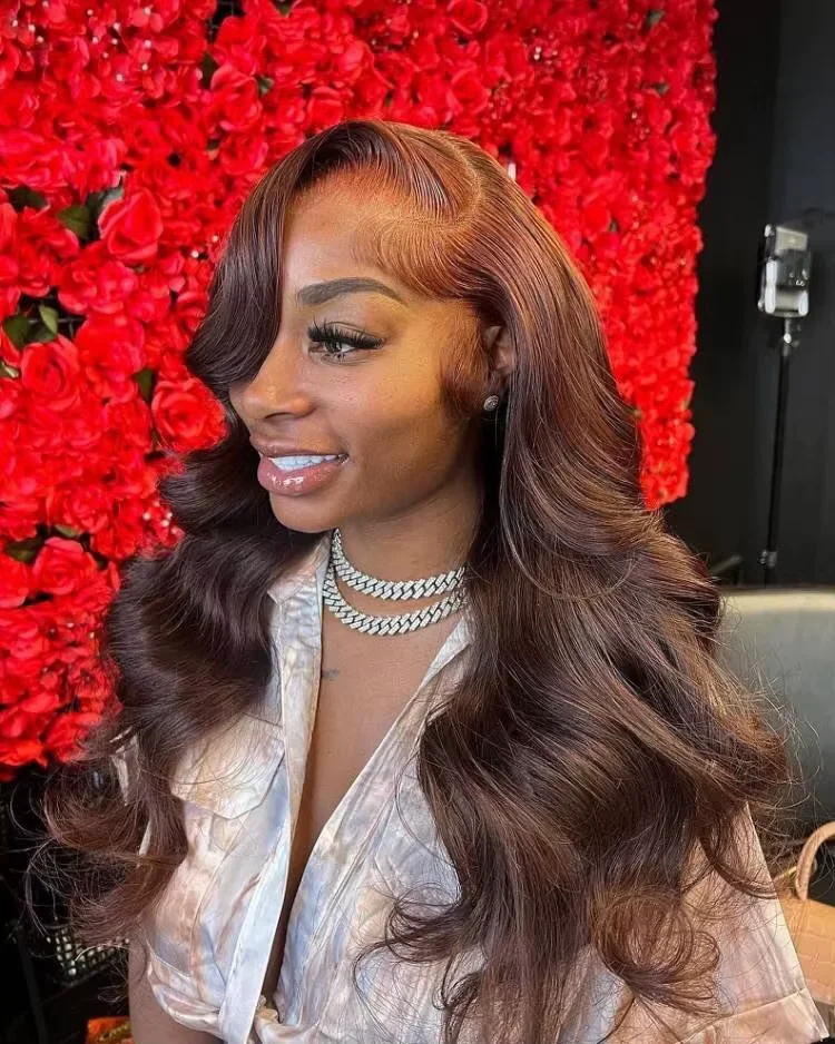 Kleberlose 7X5 Lace-Perücke, vorgeschnitten, 220 Dichte, schokoladenbraun, Body Wave, 100% Echthaar, wellig, nass und gewellt, brasilianisches Echthaar mit 13X6 HD Lace Frontal, vorgezupft. – Detail 13