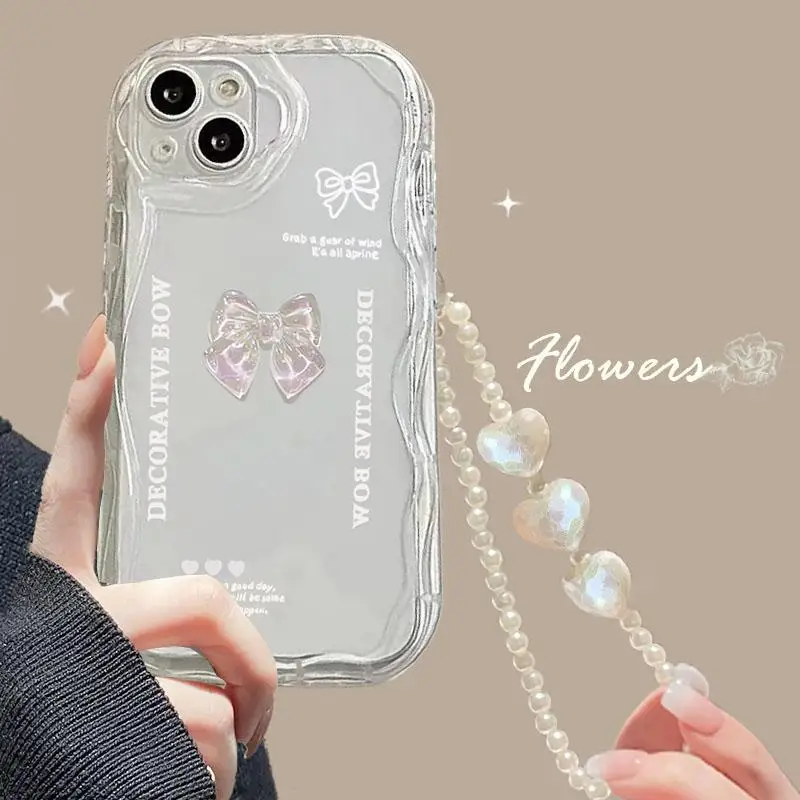 Korean 3D Bow Pearl Chain Case for Samsung Galaxy S24 S23 Ultra S21 Plus S20 FE A54 A34 A52 A53 A33 A35 A55 A14 M54 A23 A24 A32