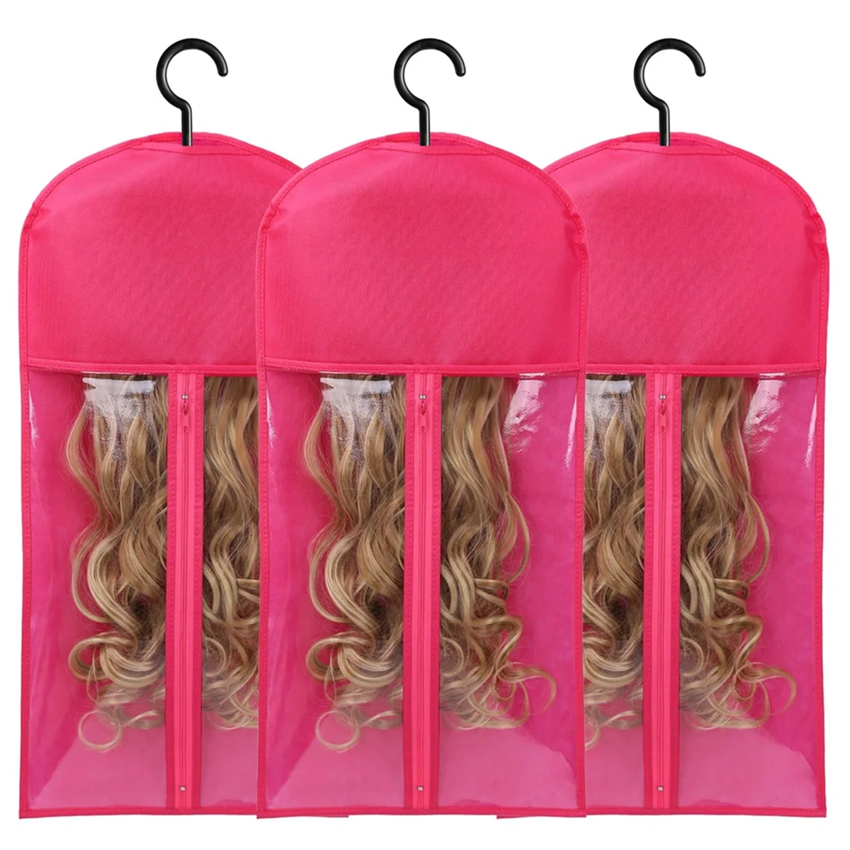 3PCS Hair Extension Holder Wig Storage for Multiple Wigs Holder Wig Bags with Hanger Hair Extension Storage Rose Red