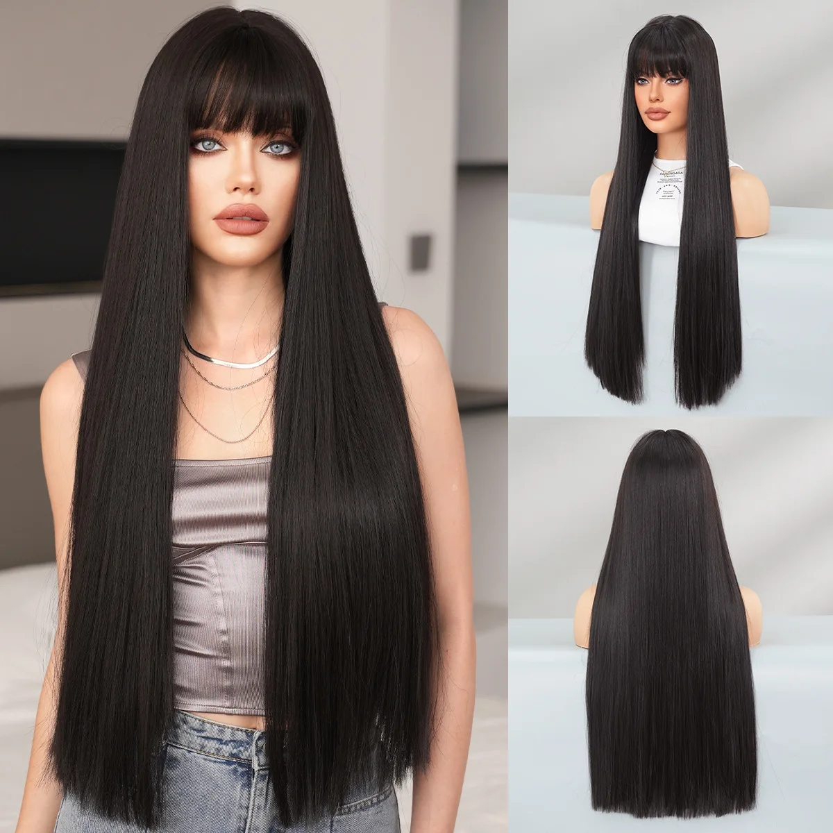 28 Inch Matte Long Straight Full‑Head Wig With Straight Bangs For Women Soft Light‑Weight Easy Styling ForTheme Party Daily Wear