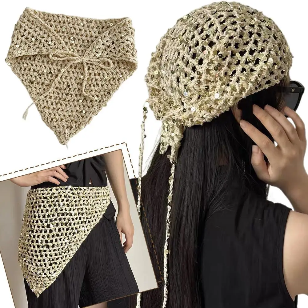 Sequined Openwork Knit Triangle Scarf Crochet Triangle Headwrap with Adjustable Ties, Sparkling Hair Accessory for Beach