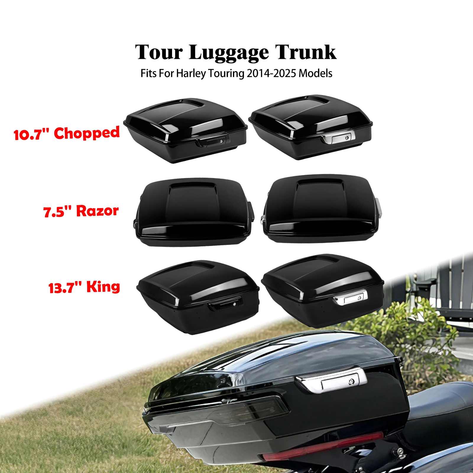 

Motorcycle Chopped Razor King Tour Trunk 7.5 10.7 13.7 Inch Luggage For Harley Touring Road Street Electra Glide FLHR 2014-2025