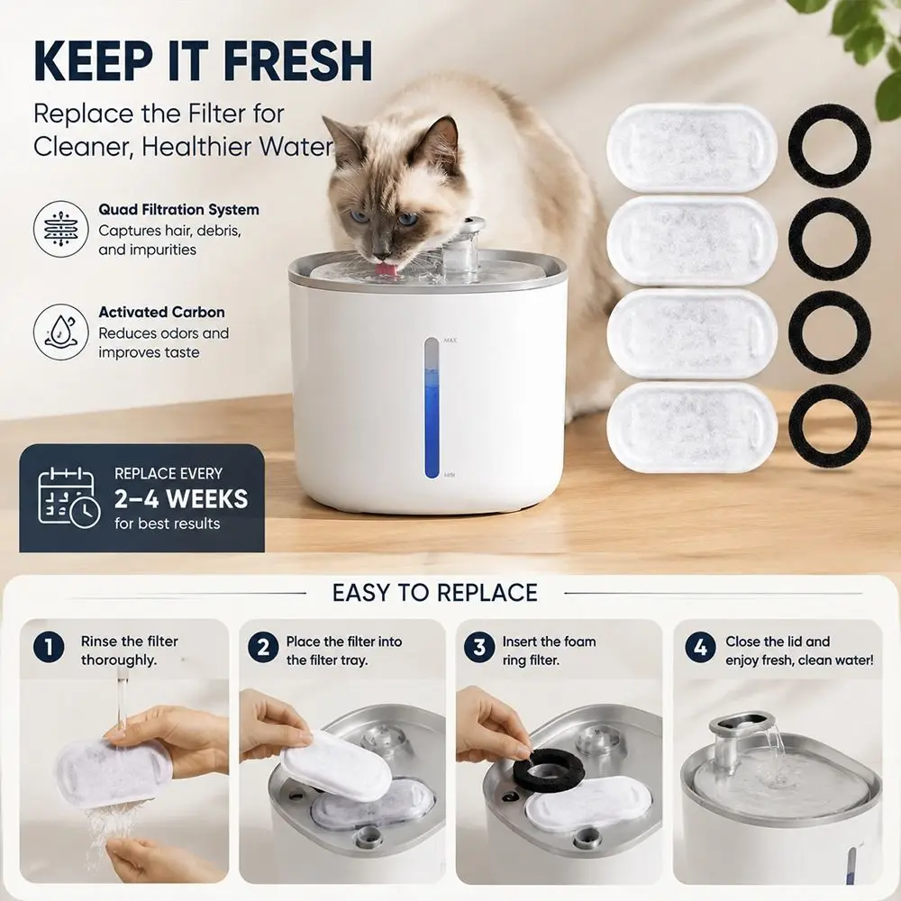 8Pcs/Set Stainless Steel Fountain Compatible Cat Water Fountain Replacement Filter Activated Carbon Filter Element