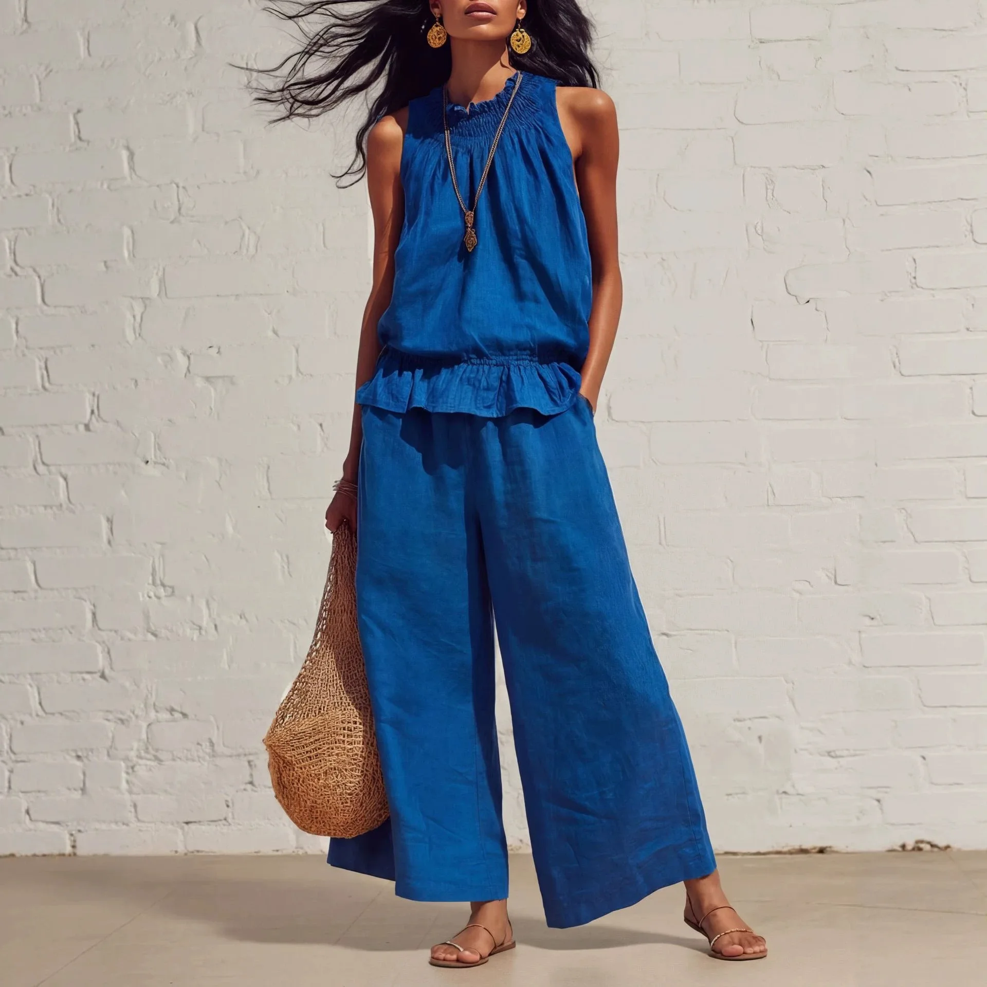 r Leisure Two-Piece Women's Sleeveless Ruffled Wide-Leg Pants Set