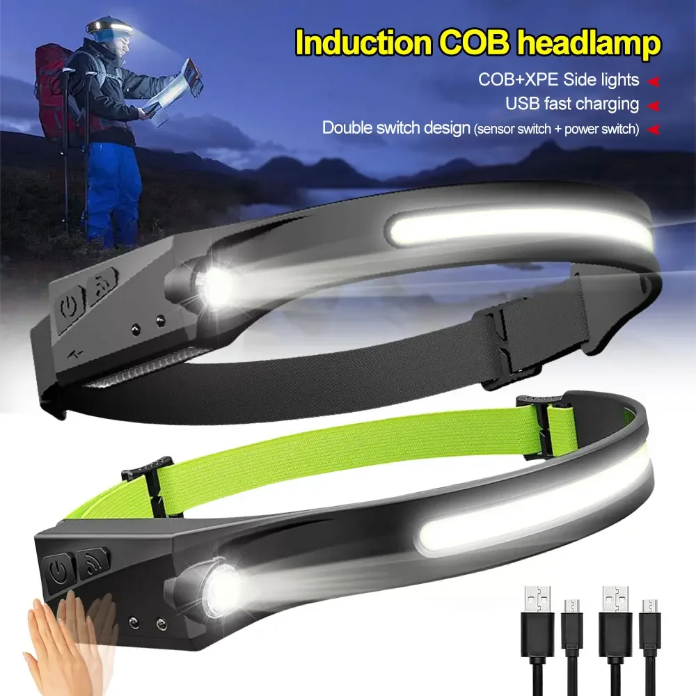 USB Rechargeable Headlamp Induction COB+XPE LED Head Torch 5 Light Modes Headlight Built-in 1200 mAh Battery for Camping Hiking