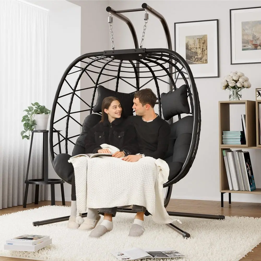 

Double Swing Egg Chair with Stand, Oversized 2 Person Indoor Outdoor Wicker Patio Basket Hanging Chair with Black Cushion 550 L