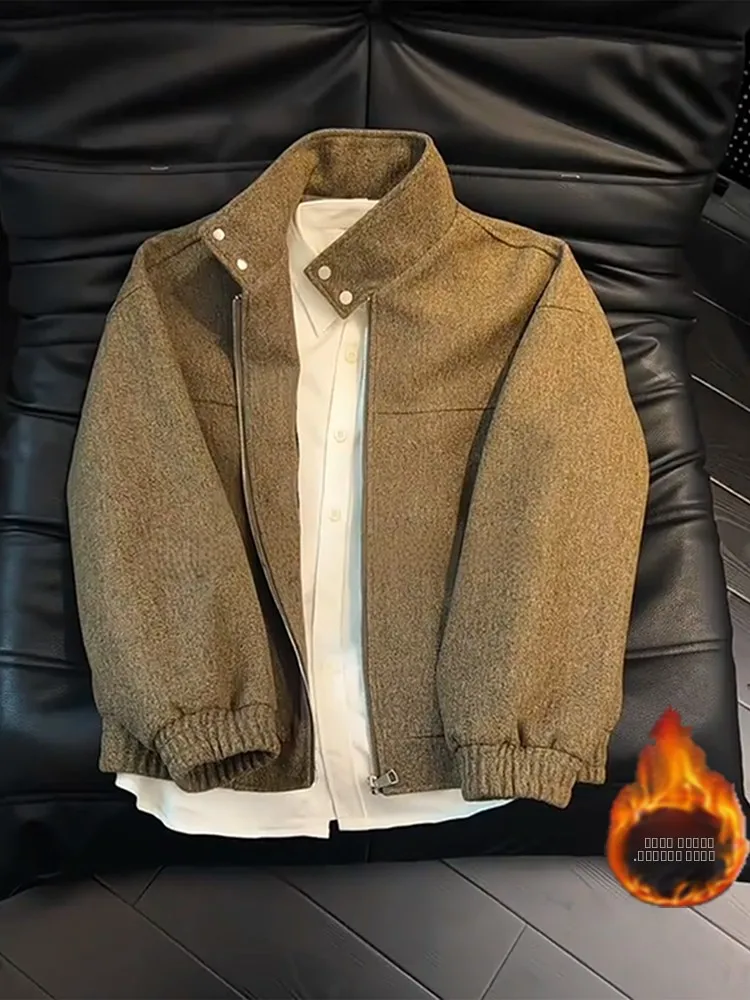 

Утепленное мужское шерстяное пальто в американском стиле с воротником-стойкой, деконструированный дизайн, с хлопковой подкладкой, осенне-зимнее, модный дизайн, твидовое.