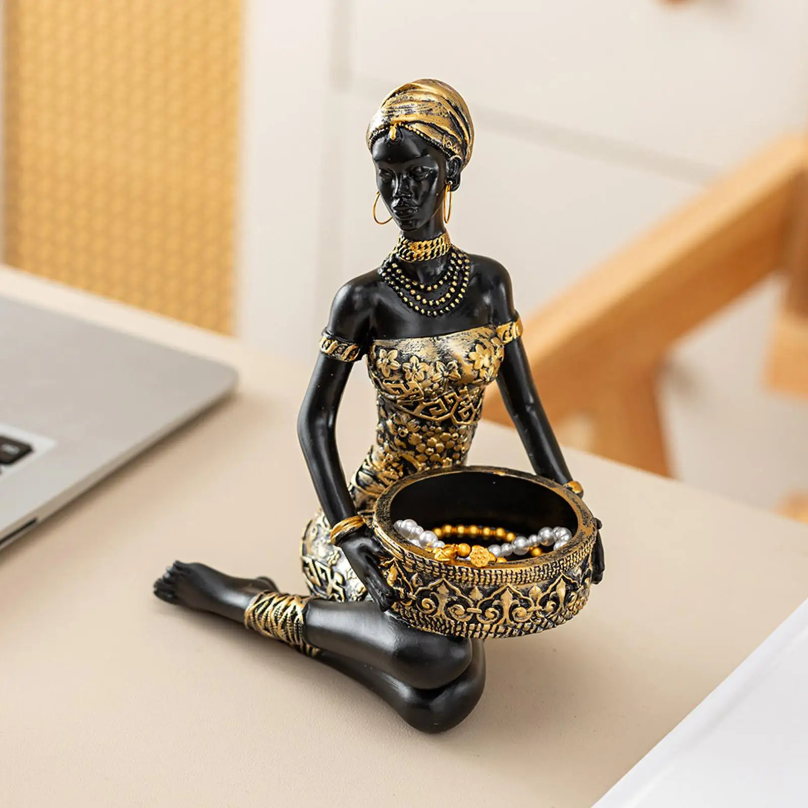 Resin African Sculpture Table Storage Organizer African Woman Statues Storage Holder for Candy Jewelry Ring Key Earring Home