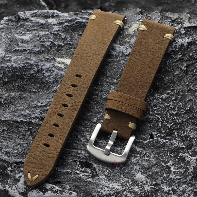 Handmade Genuine Leather Watchband Old Brown Black 20 22MM Soft Men's Vintage Cowhide Leather Bracelet Watch Accessories