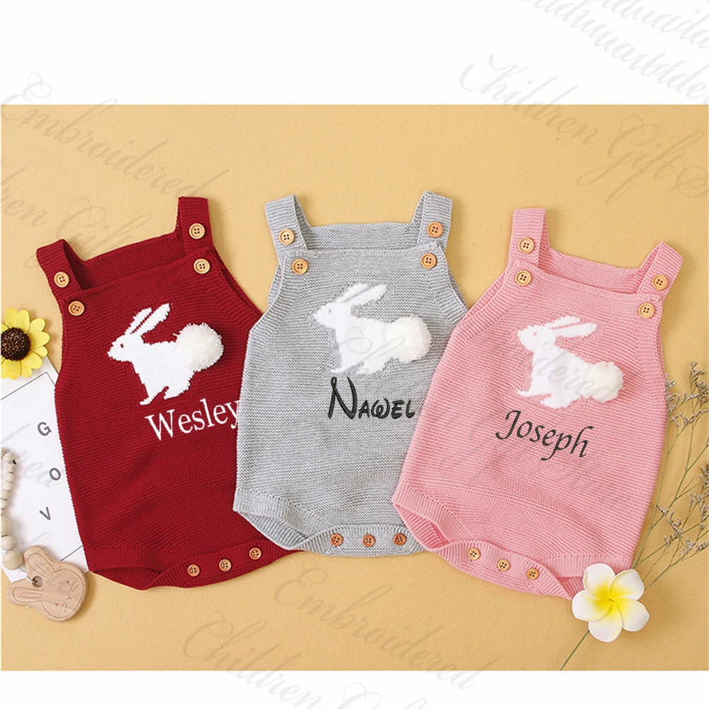 

Personalized Embroidered Name New Summer Cartoon Rabbit Infant/Toddler Bodysuit Custom Baby Shower Party Gift Knitted Jumpsuits