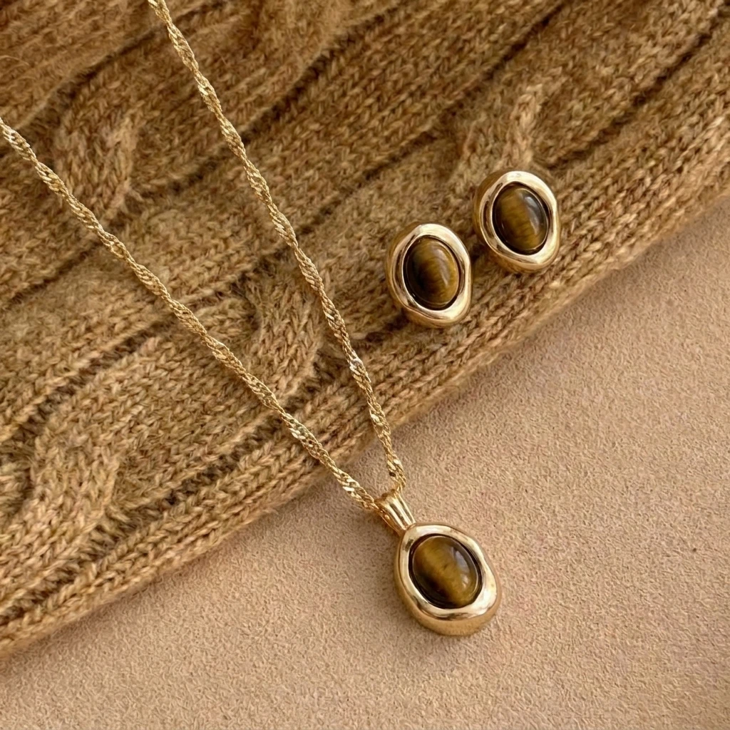BELLA-Bee Natural Tiger Eye Necklace Earring Set Gold Tone Oval Pendant Vintage Jewelry for Women Gift