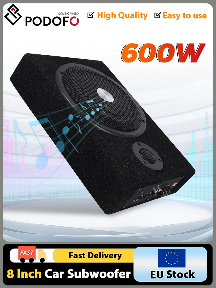 Podofo 600W 8-Zoll Slim-Untersitz-Subwoofer mit Hochleistungsverstärker, Auto-LKW-Subwoofer, ultradünner Subwoofer, einfach zu installieren