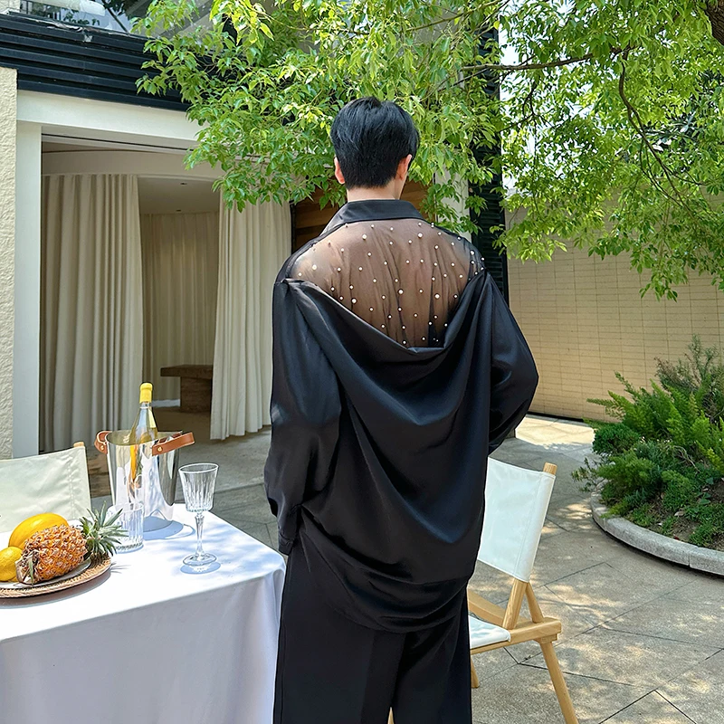 

Summer 2025 Men's Long Sve irt Thin Ba Me Satin Drapey Design Sense Small ence Beaded Loose Fit Youth Faion
