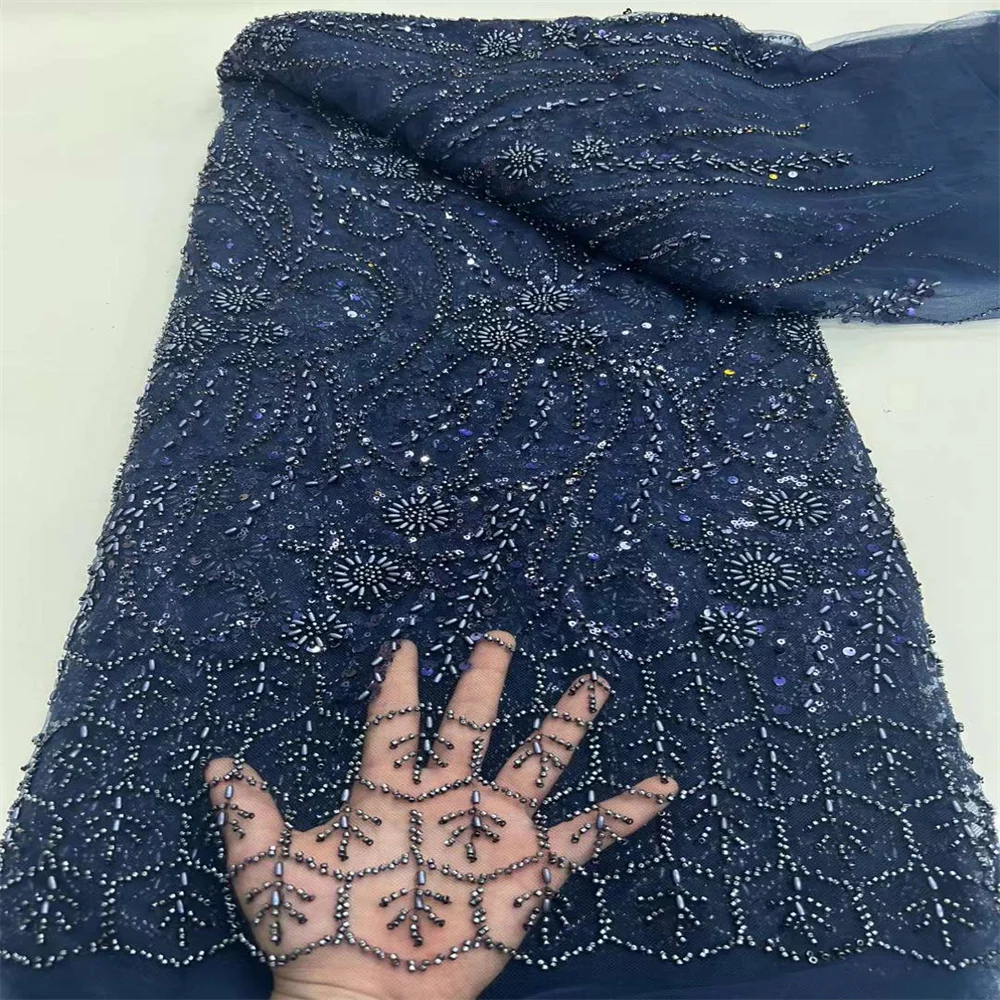 

2024 High Quality African Lace Fabric With Sequins Beaded Embroidery French Mesh Net Fabric For Nigeria Party Dresses 5 Yards