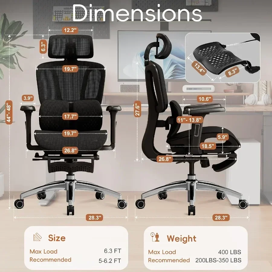 Ergonomic Office Chair with Footrest for Home Office Use, Black Mesh Seat with Adjustable Depth, Dynamic Lumbar Support, 3D Hea