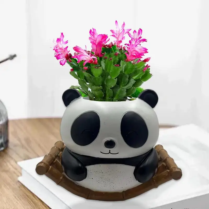 Animal Succulent Pots Cartoon Panda Resin Succulent Planter Wobblable Decorative Bonsai Pots With Drainage Holes Hand-Painted