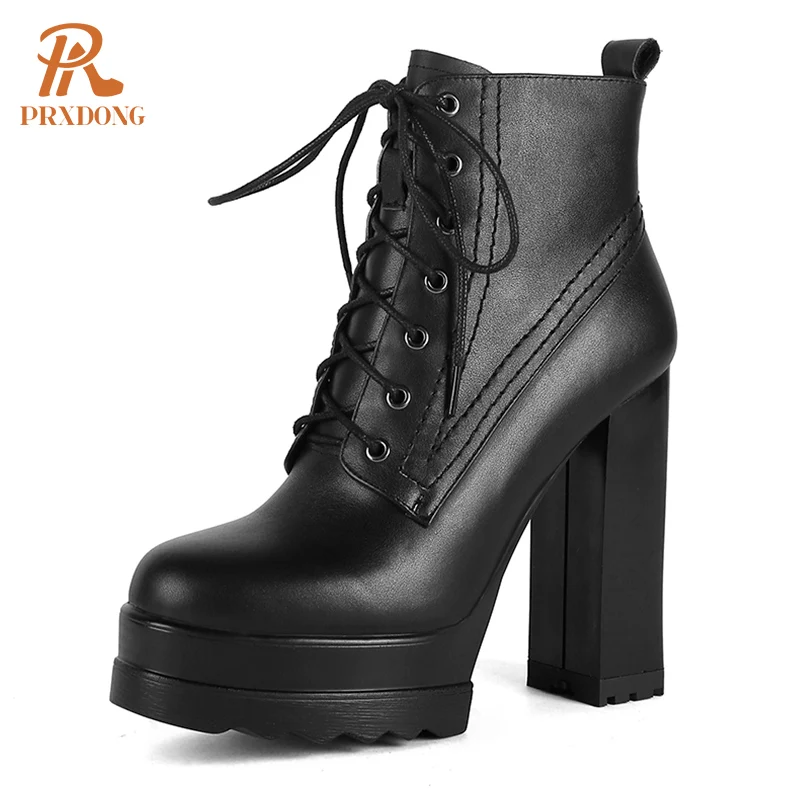 PRXDONG Genuine Cow Leather Women's Shoes 2022 Fashion Autumn Winter Warm Ankle Boots Chunky High Heels Platform Black Beige 40